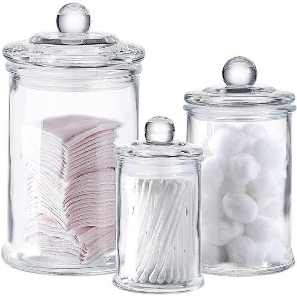 Set of 3 Bathroom Canisters - Premium Glass Apothecary Jars with Lids